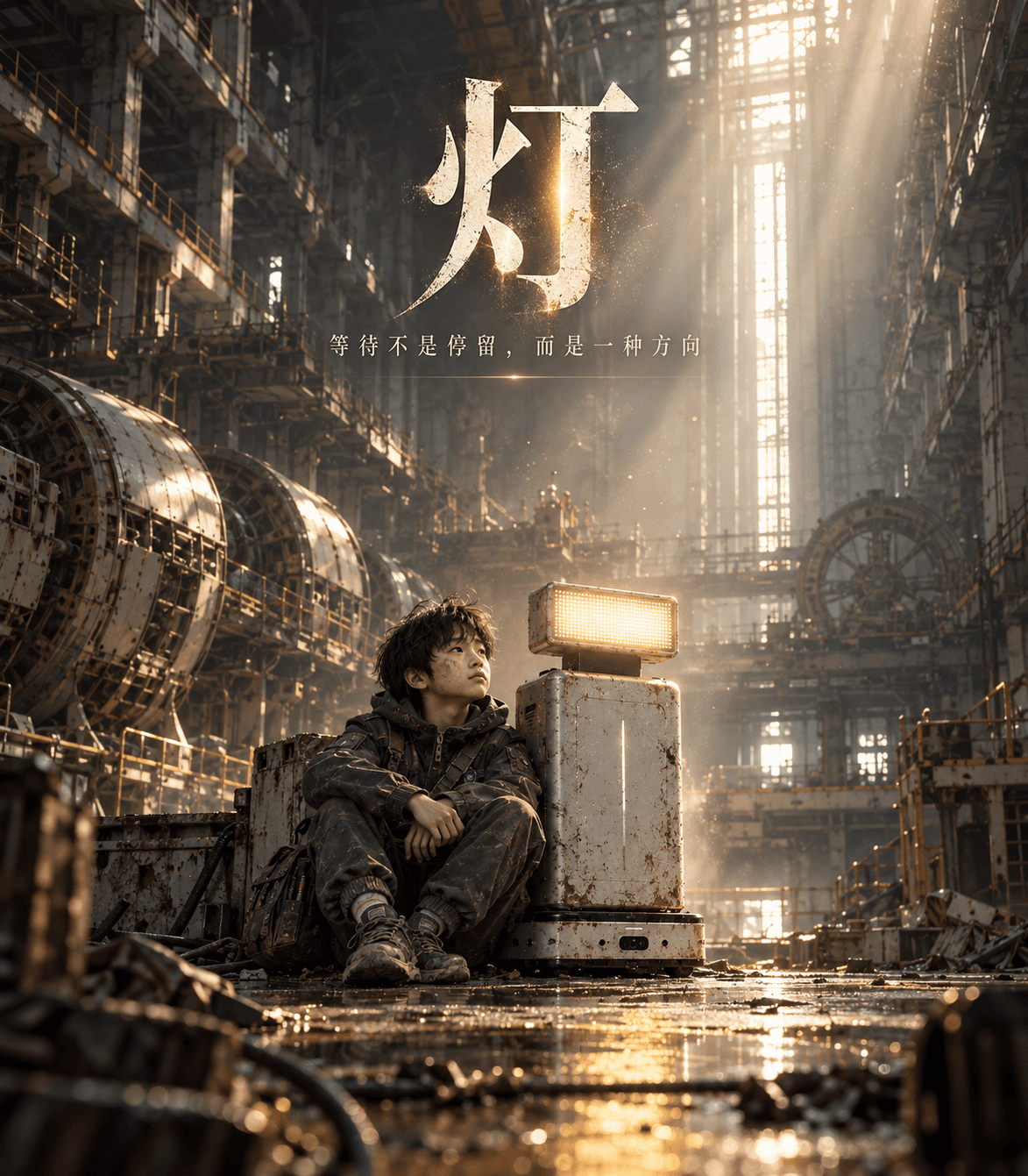 《灯》竖版海报：少年与灯头机器人坐在阳光照入的工业建筑中
