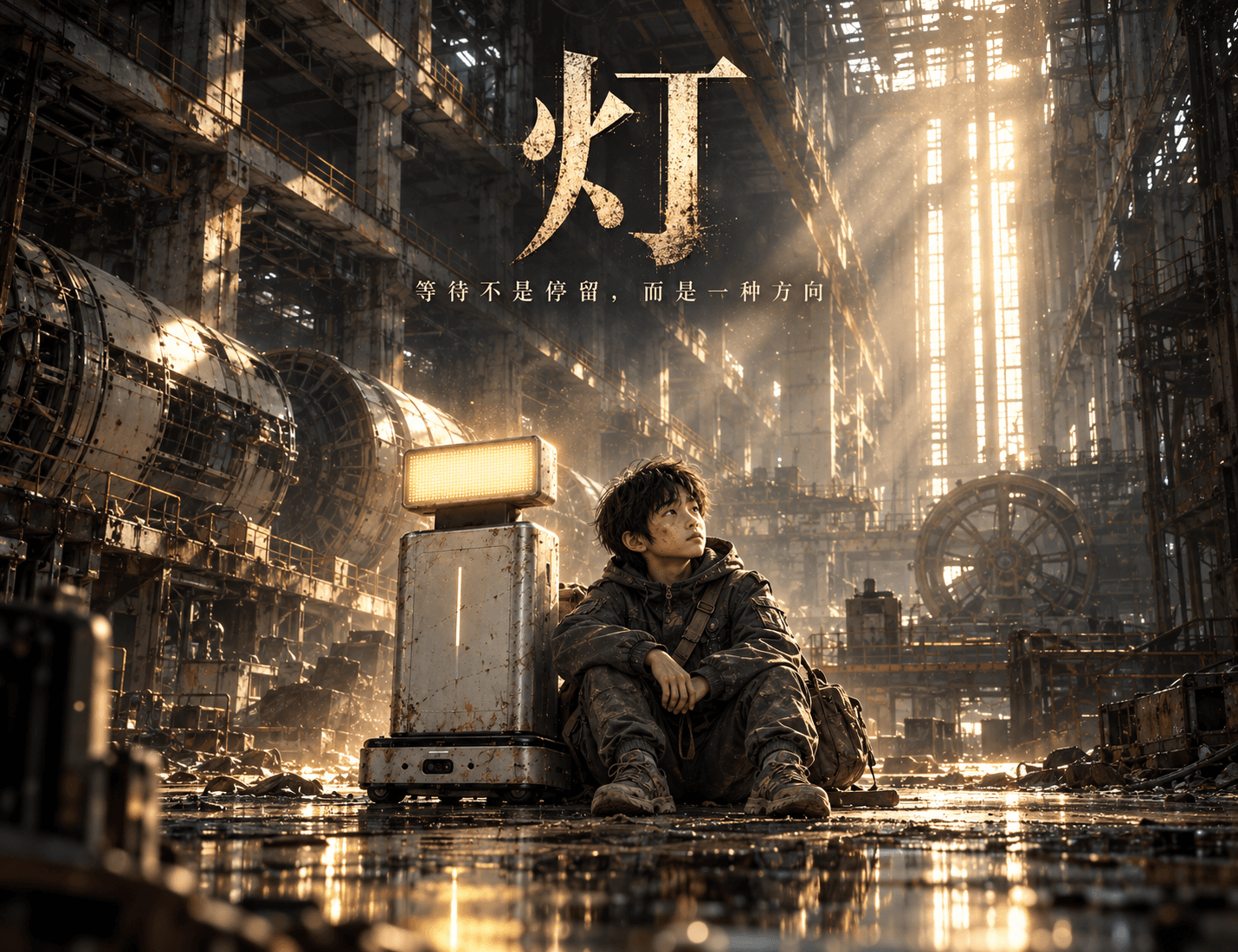 《灯》AI 漫剧静态封面：少年与灯头机器人，等待不是停留，而是一种方向