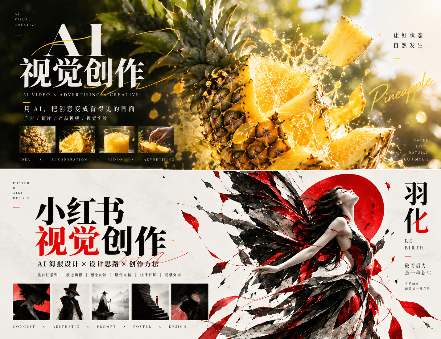 小红书视觉创作合集：菠萝广告与黑白红羽化系列